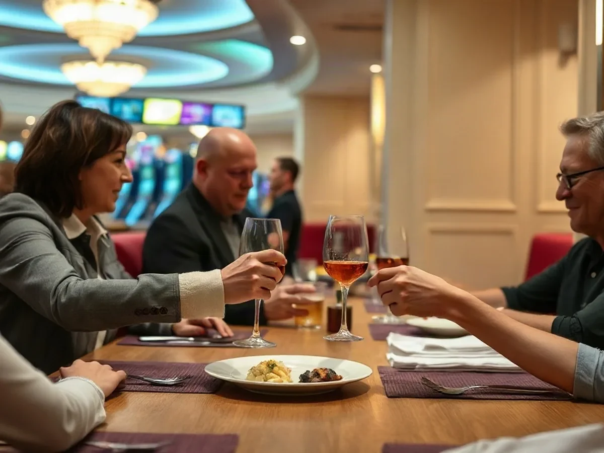 Adult diners share plates at a smoked oak table beneath warm light, with wine-red seating nearby.