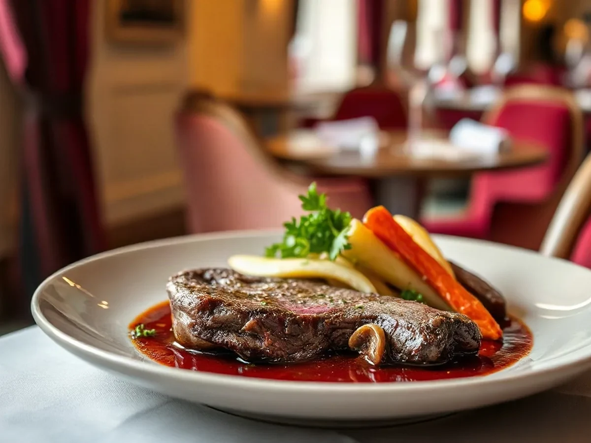 Slow-cooked beef with glossy herb butter and seasonal vegetables on a pale plate in warm light.