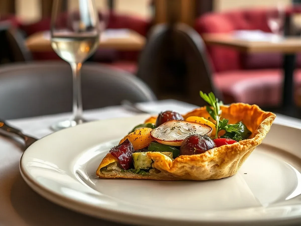 Golden vegetable tart with fresh herbs on pale ceramic, lit warmly against smoked oak.