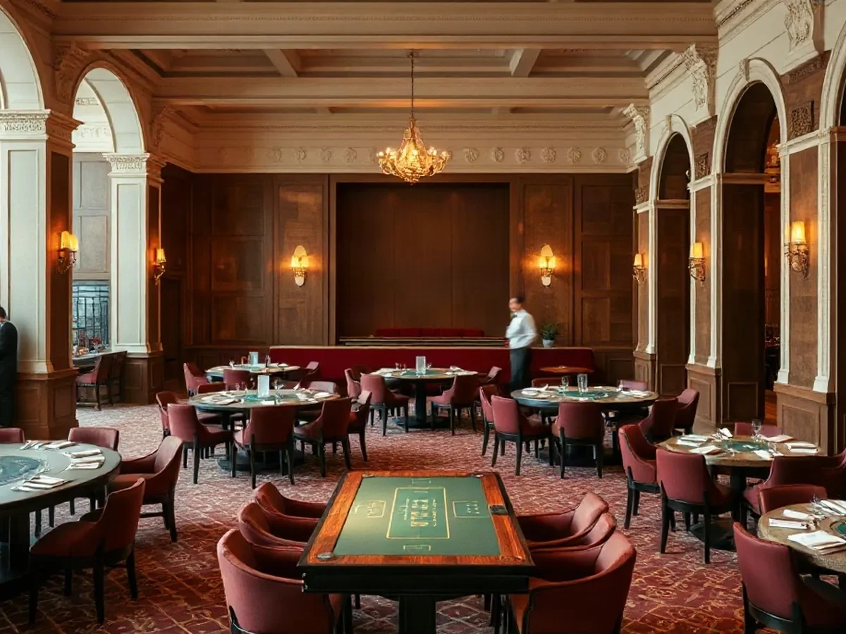 Gaming tables sit across a softly lit floor framed by cream plaster, smoked oak and deep wine-red upholstery.