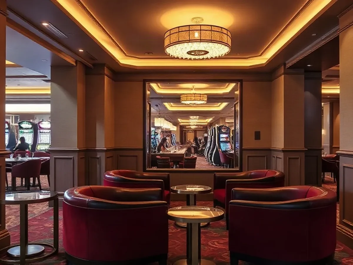 Wine-red lounge chairs and smoked oak tables sit in a quiet pool of warm light.