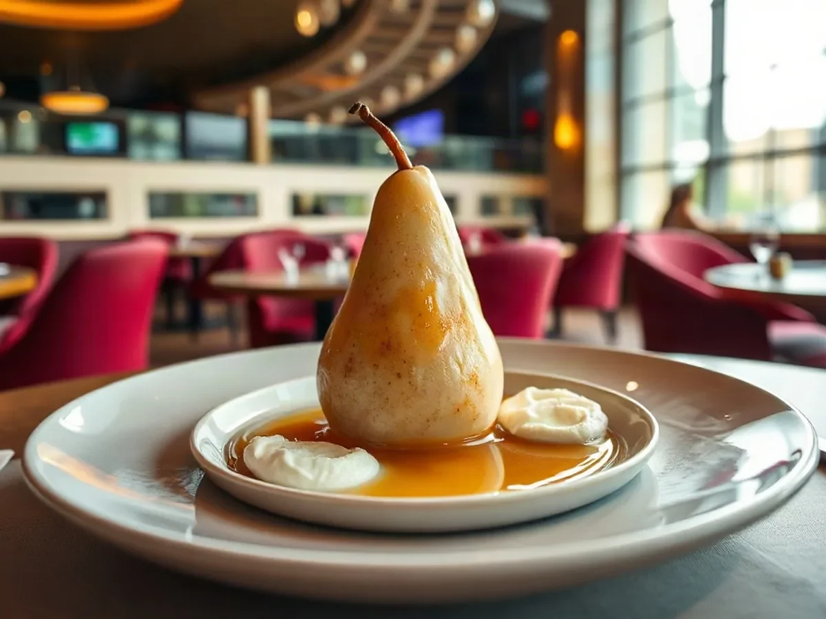 A glossy poached pear with crème fraîche and spice on pale ceramic in soft warm light.